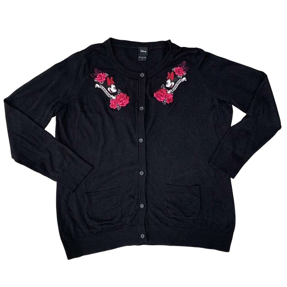 Disney Minnie Mouse Rose Embroidered Cardigan Sweater Black Womens - Picture 1 of 8